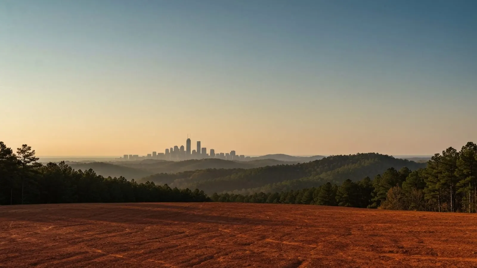 Editorial photograph of a Georgia red-clay landscape under late afternoon golden light with the distant downtown Atlanta skyline silhouetted on the horizon and rolling Piedmont pine forest in the foreground.