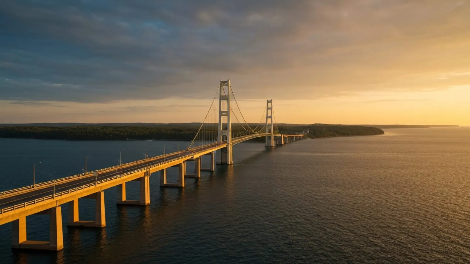 Editorial photograph of the Mackinac Bridge spanning the Straits of Mackinac at golden hour with Great Lakes water below and the forested Upper Peninsula shoreline visible in the distance.
