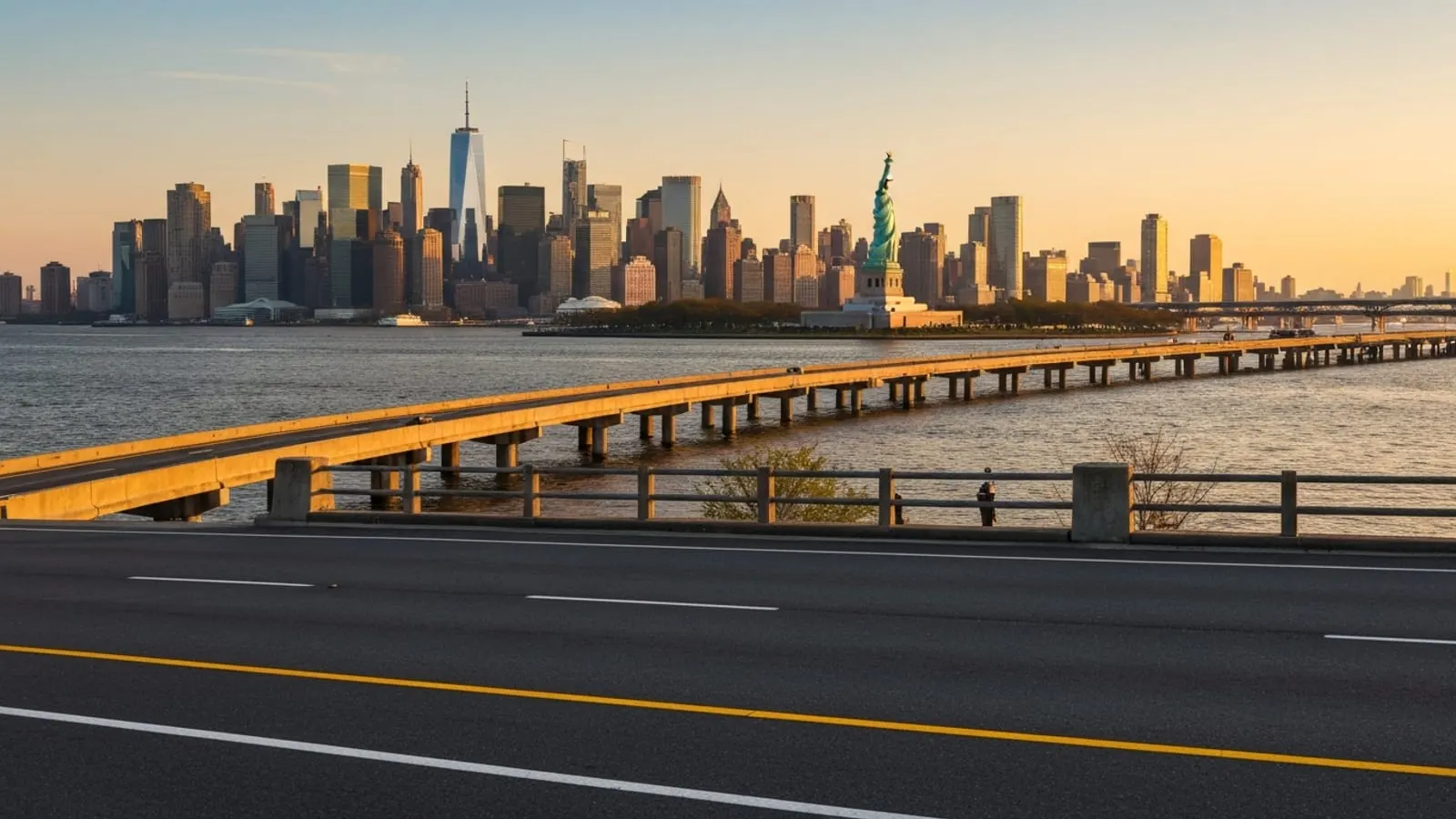 Editorial photograph of Liberty State Park in Jersey City at golden hour with the lower Manhattan skyline across the Hudson River in the distance, the Statue of Liberty visible mid-frame, and the NJ Turnpike corridor implied in the foreground.