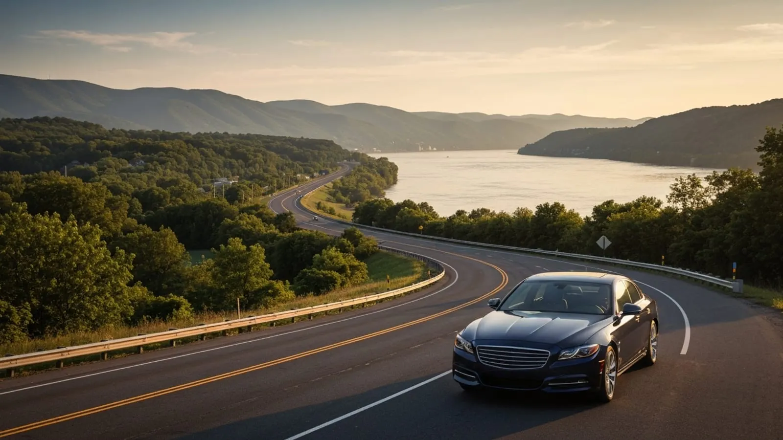 Editorial photograph of the Hudson River valley at golden hour with the Catskill mountains visible in the distance, evoking the statewide reach from New York City to upstate metros.