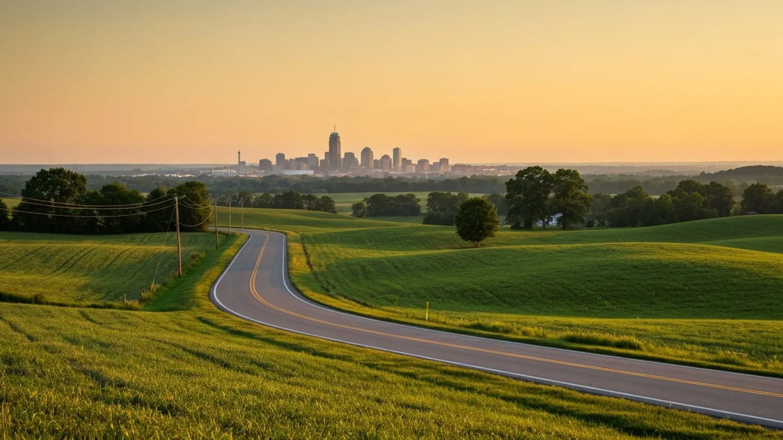 Editorial photograph of an Ohio rural-to-urban transition at golden hour with rolling Midwest farmland in the foreground and a distant city skyline, evoking the Buckeye State's mix of agricultural, industrial, and metropolitan geography.