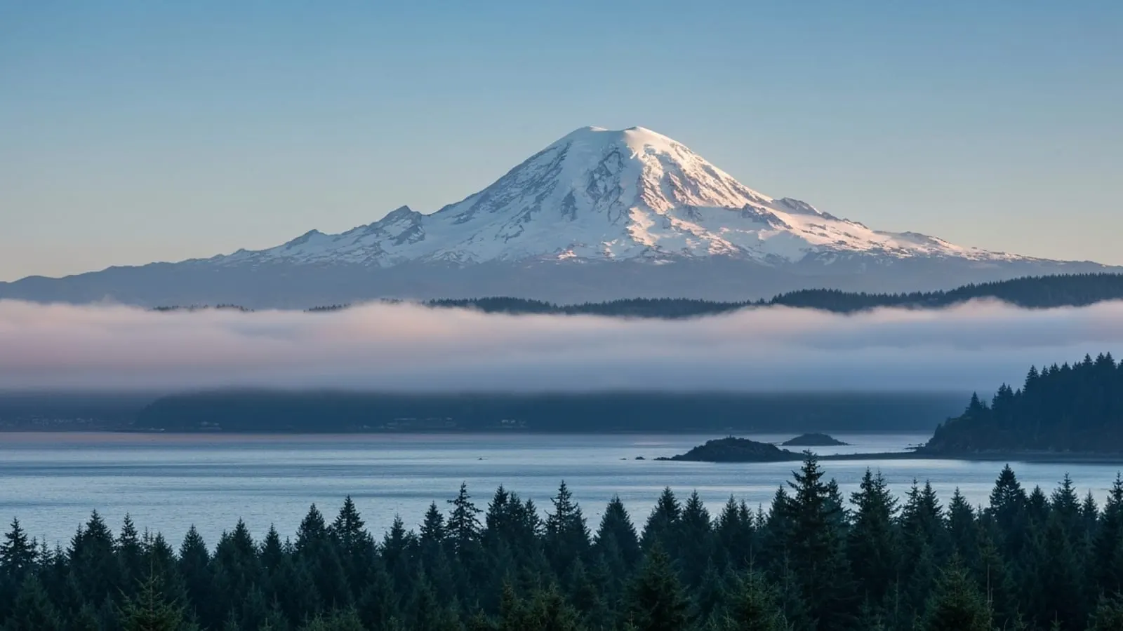 Editorial photograph of Mount Rainier rising snow-capped above a layer of soft morning fog with the Puget Sound shoreline and evergreen Douglas fir forest in the foreground.