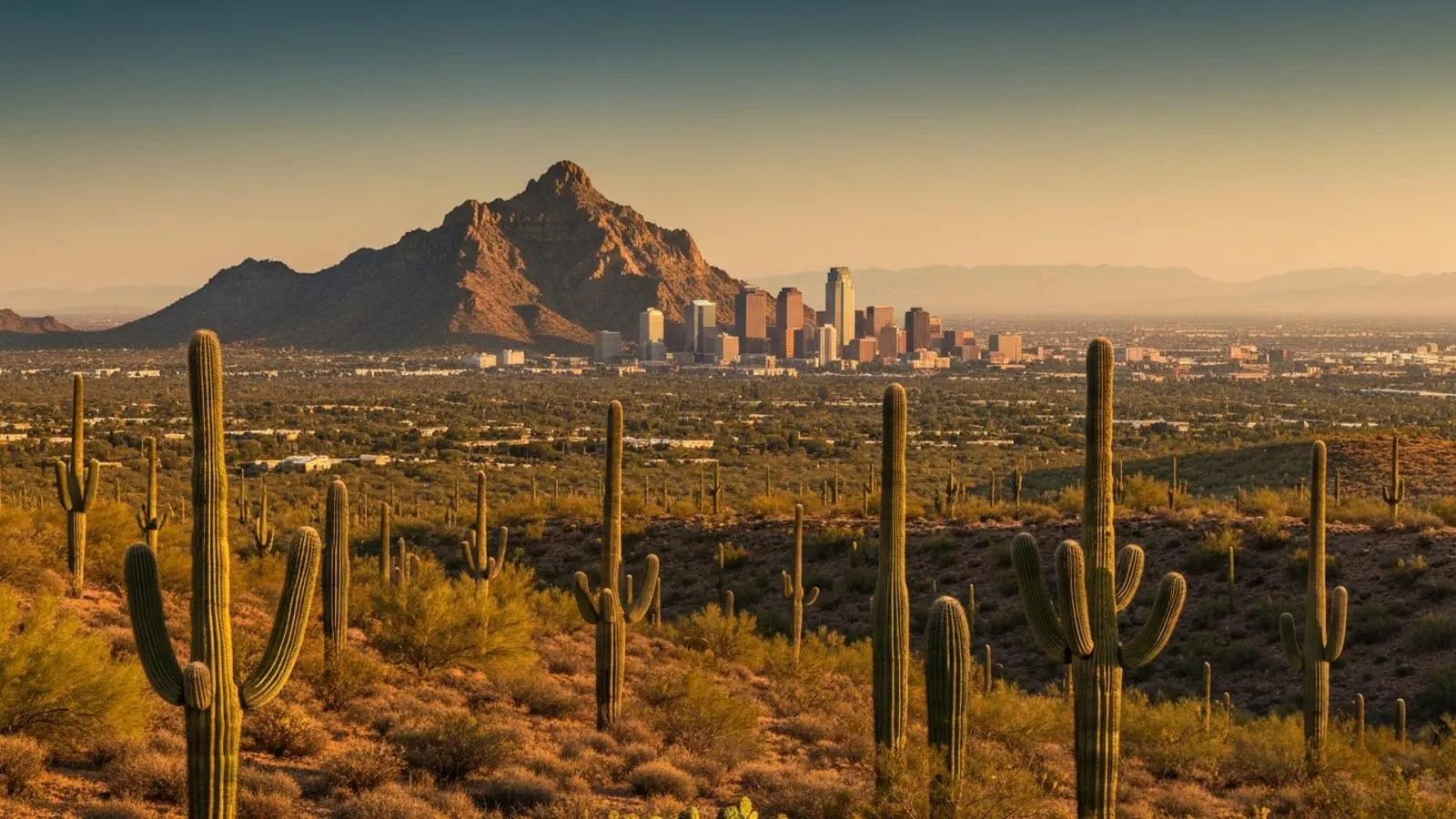 Editorial photograph of Camelback Mountain rising over the Phoenix Valley at golden hour with saguaro cacti in the foreground and the downtown skyline visible in the middle distance.