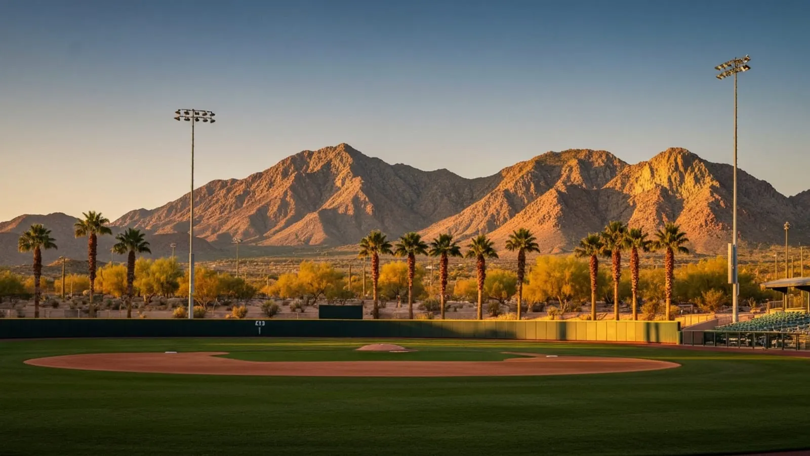 Editorial photograph of a Cactus League spring training baseball complex in Surprise Arizona at golden hour with manicured green outfield grass, palm-tree-lined backstop, and the White Tank Mountains in the background.