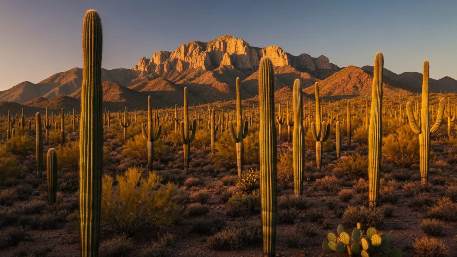Editorial photograph of Saguaro National Park near Tucson Arizona at golden hour with a dense stand of mature saguaro cacti in the foreground and the Santa Catalina mountain range rising in the background.