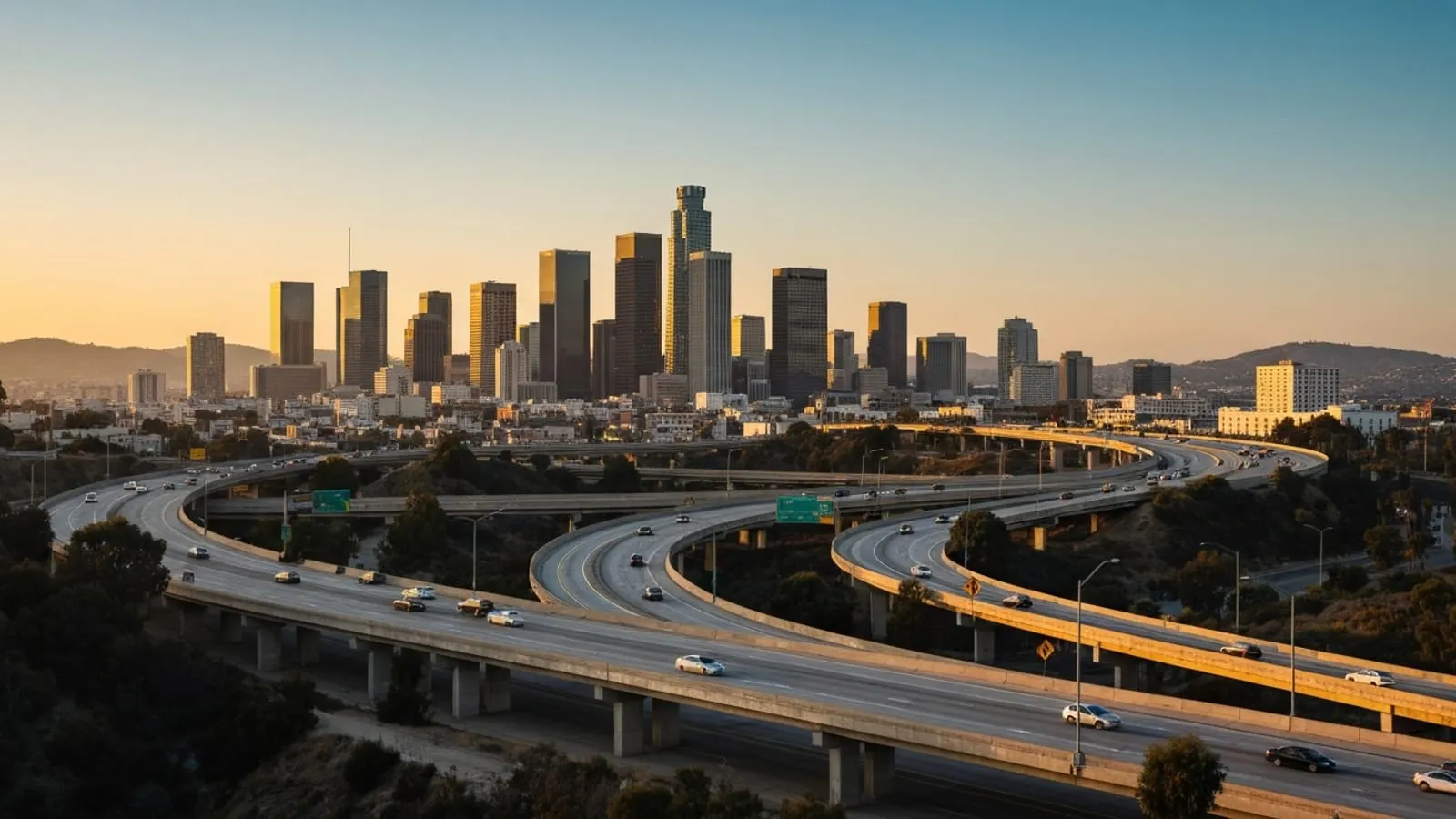 Editorial photograph of the downtown Los Angeles skyline at golden hour with the Hollywood hills in the background, evoking the scale and freeway geography of LA.