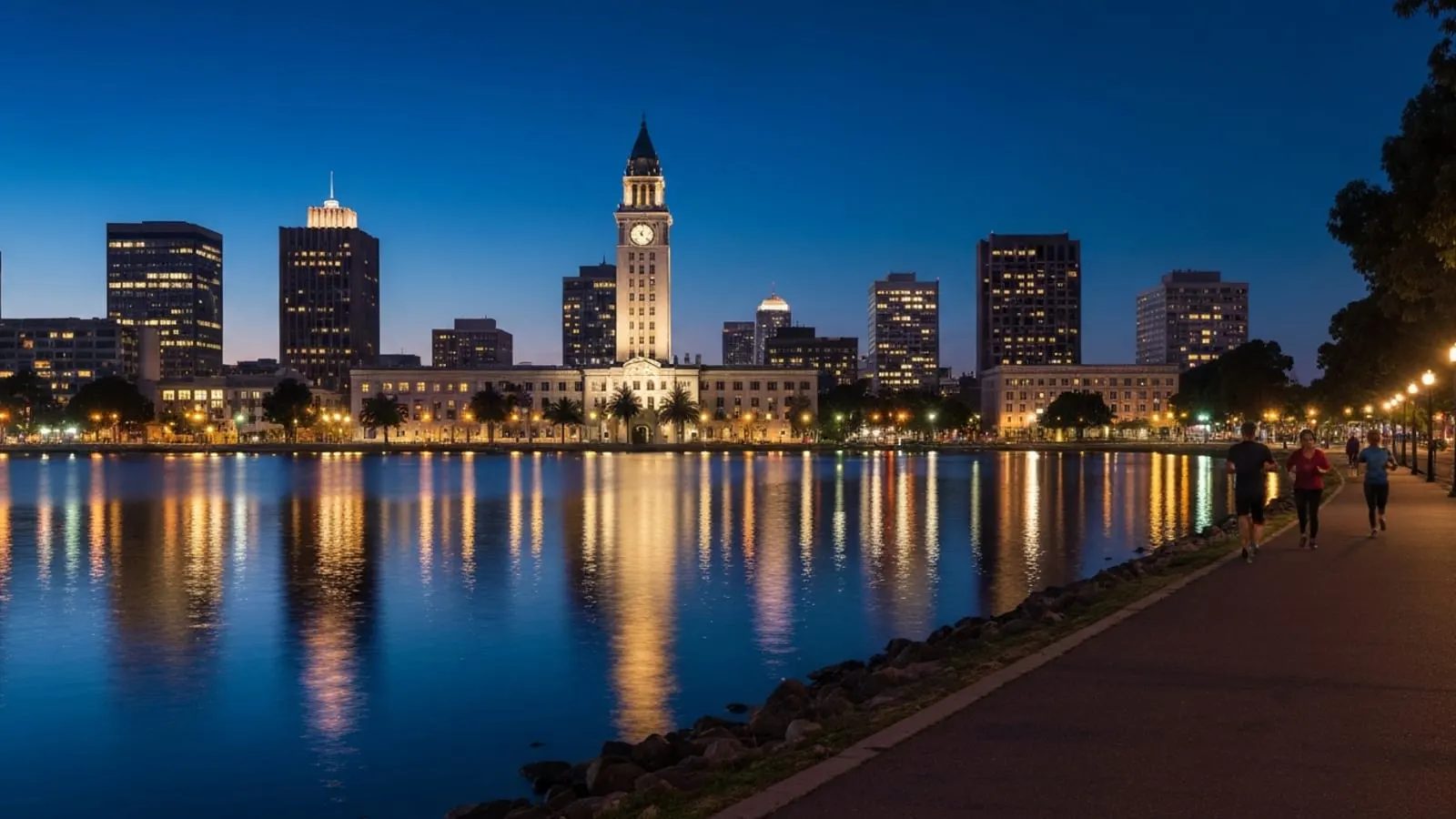 Editorial photograph of Lake Merritt in Oakland at twilight with the downtown Oakland skyline including the Tribune Tower visible behind.