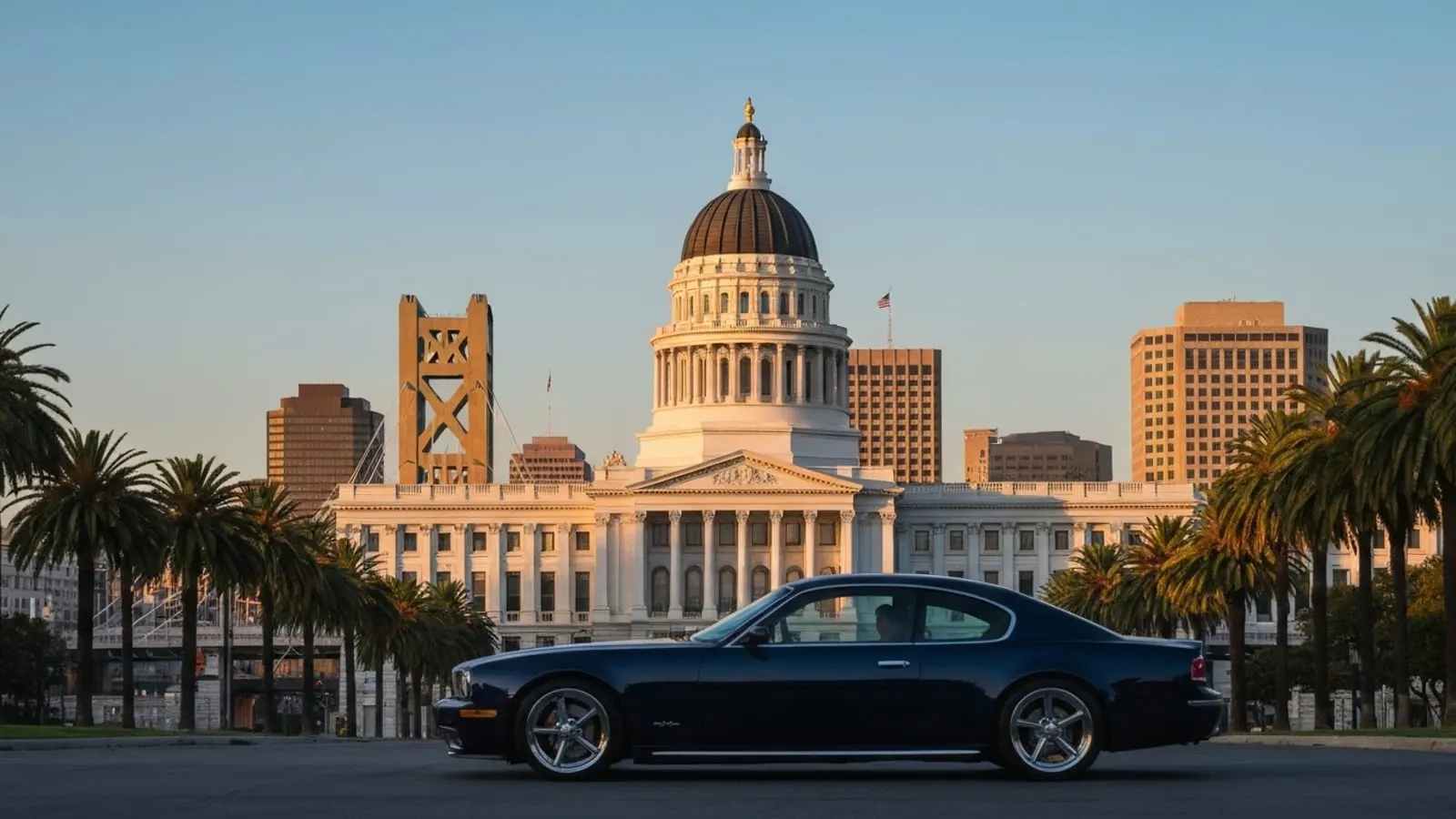 Editorial photograph of the California State Capitol building in Sacramento with the Tower Bridge over the Sacramento River visible in the foreground.