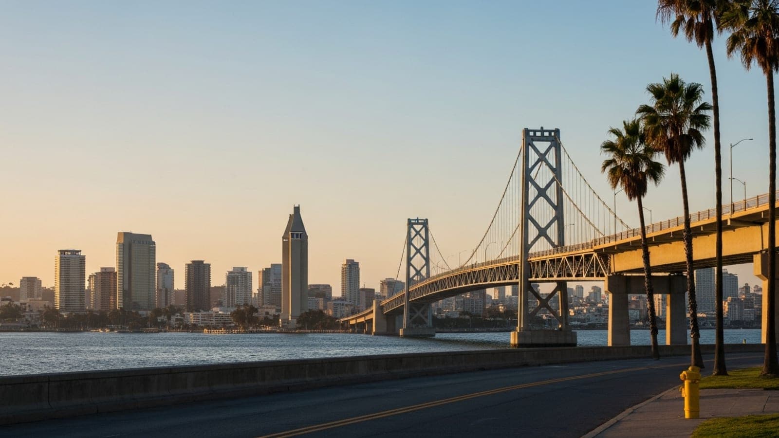 Editorial photograph of the Coronado Bridge sweeping over San Diego Bay at golden hour with downtown San Diego skyline visible behind it.