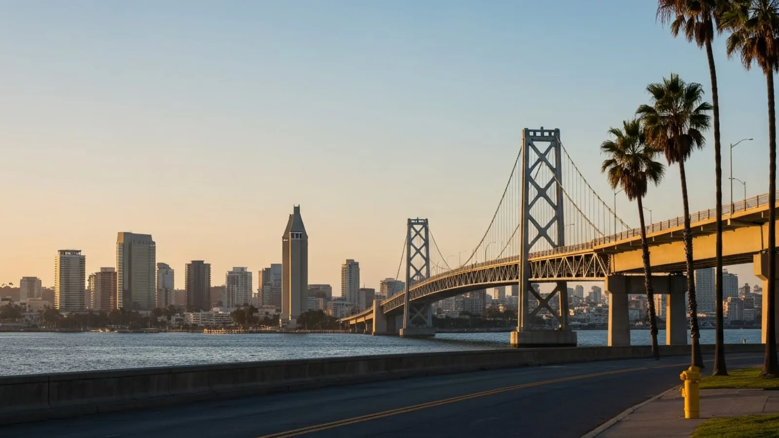 Editorial photograph of the Coronado Bridge sweeping over San Diego Bay at golden hour with downtown San Diego skyline visible behind it.