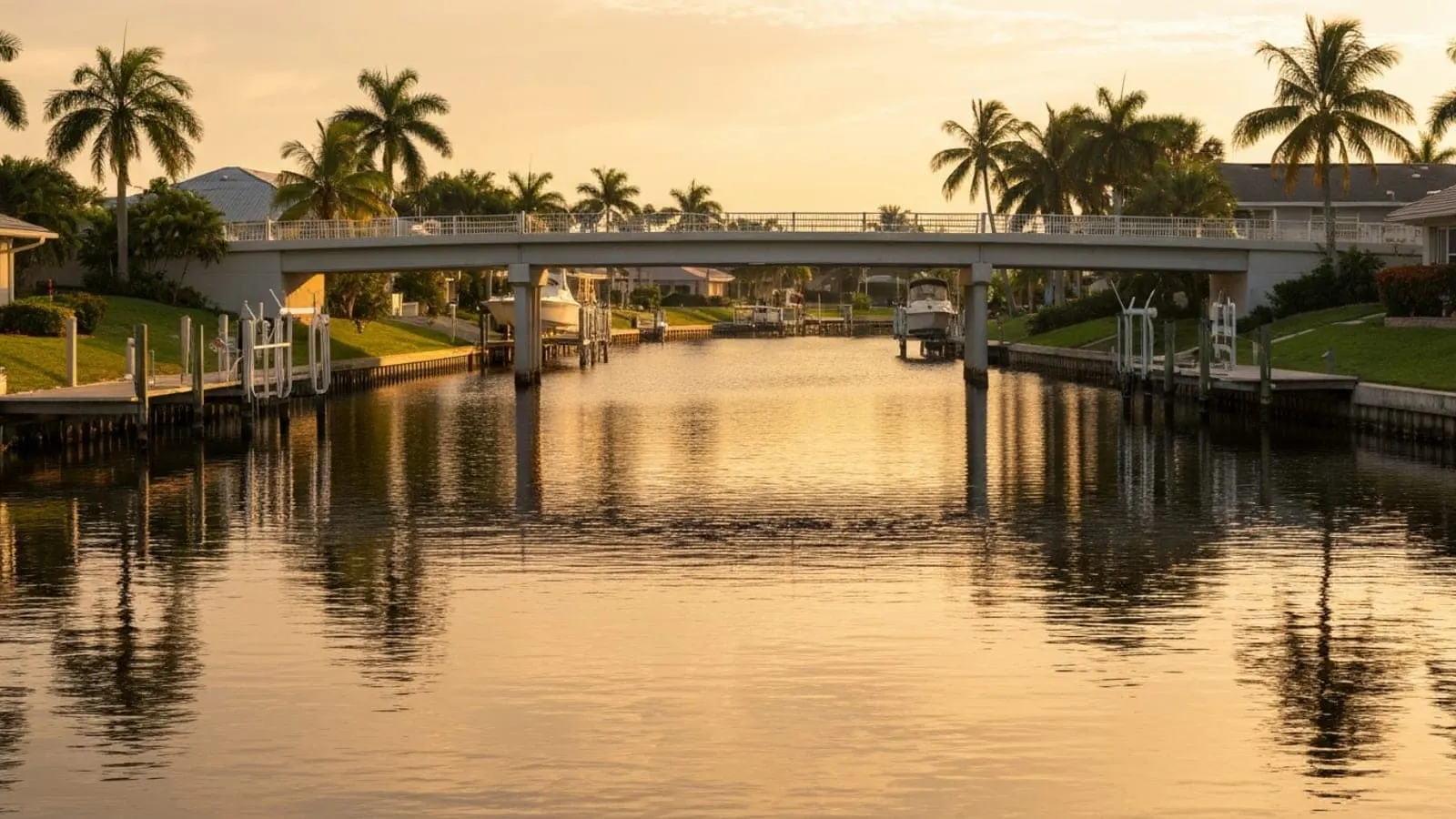 Editorial photograph of a Cape Coral Florida residential canal at golden hour with single-family homes featuring private docks along both sides and a low concrete bridge crossing the canal.