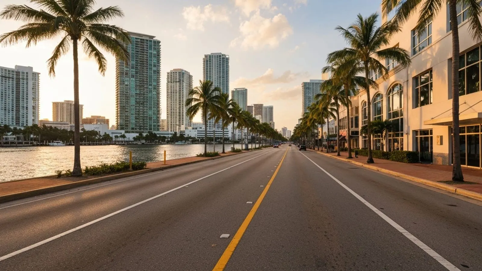 Editorial photograph of Las Olas Boulevard in Fort Lauderdale at golden hour with the Intracoastal Waterway visible to one side and palm trees lining the boulevard.