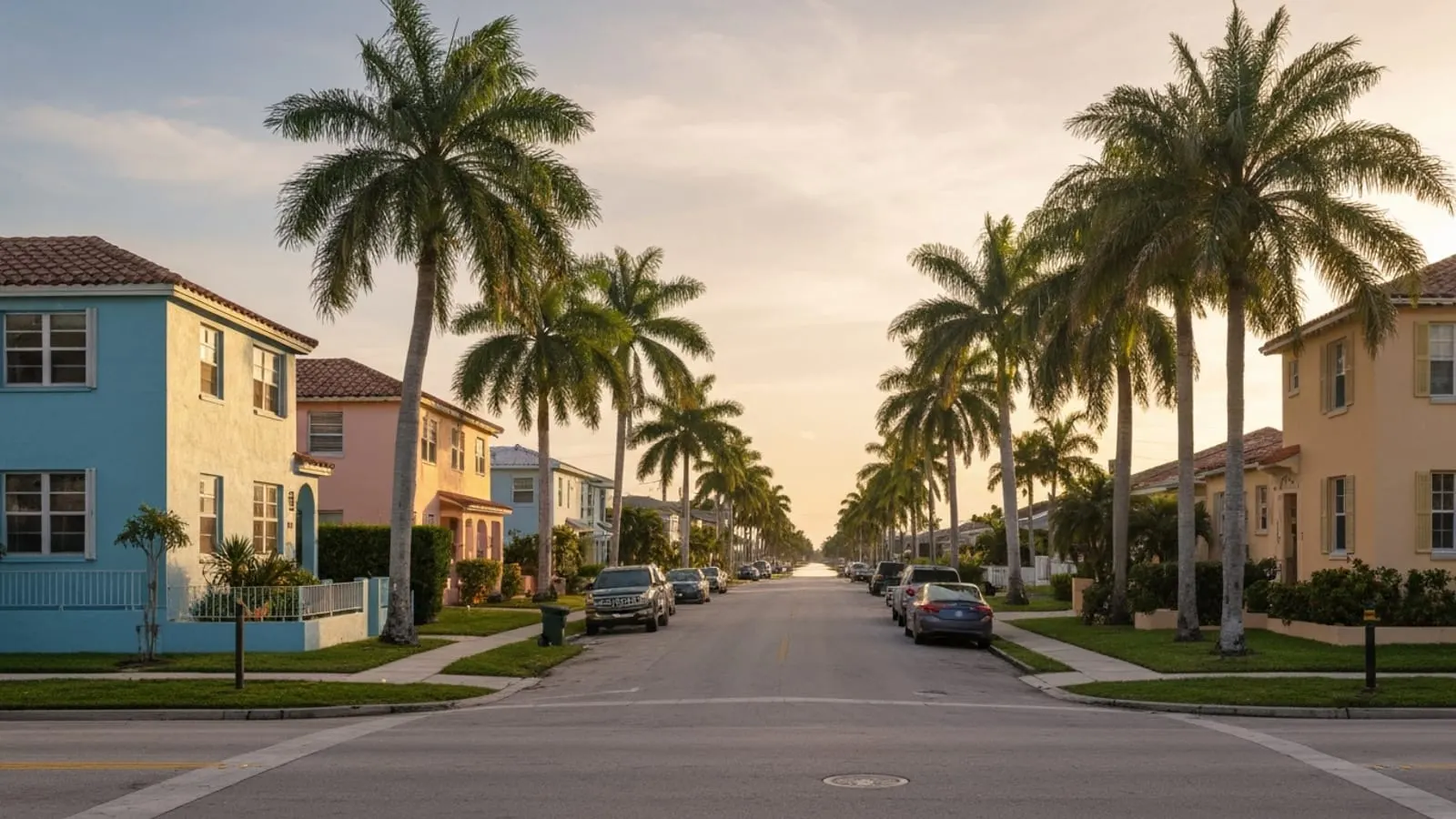 Editorial photograph of a vibrant Hialeah Florida residential street scene at golden hour with low-rise Spanish-style homes and palm trees lining the street.