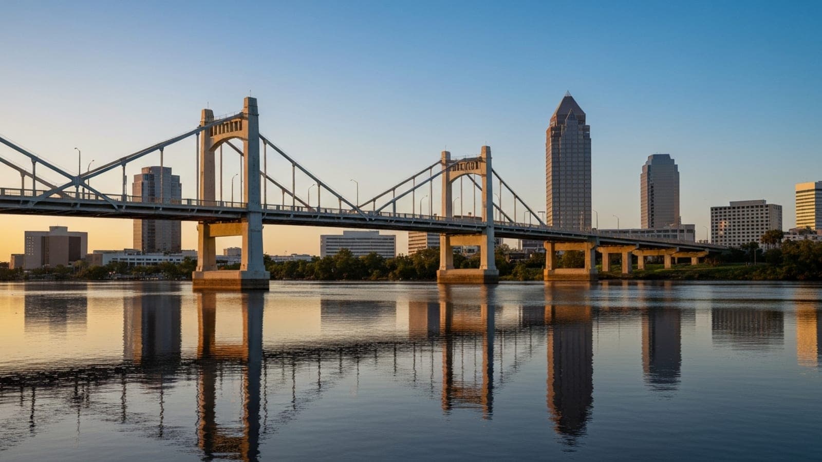 Editorial photograph of the Main Street Bridge over the St. Johns River in Jacksonville at golden hour with the downtown Jacksonville skyline visible behind it.