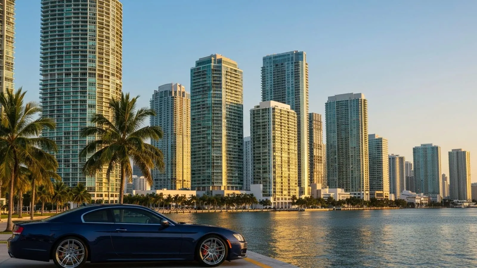 Editorial photograph of the Brickell skyline in Miami at golden hour with palm trees in the foreground and Biscayne Bay visible to the right.