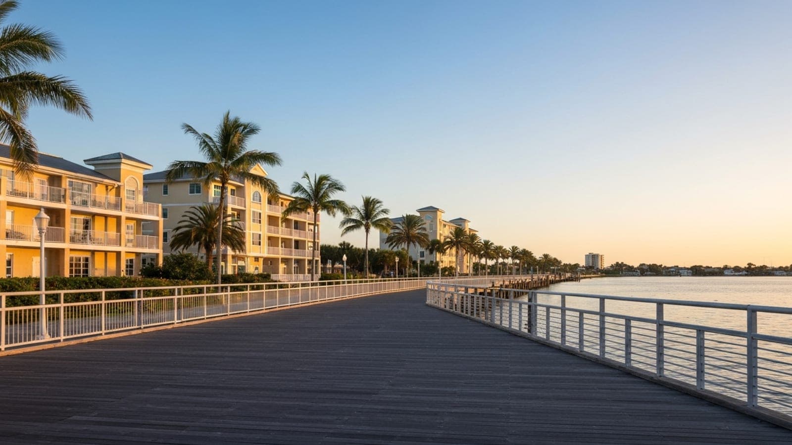Editorial photograph of the Port St. Lucie Riverwalk Boardwalk at golden hour along the North Fork of the St. Lucie River with palm trees.