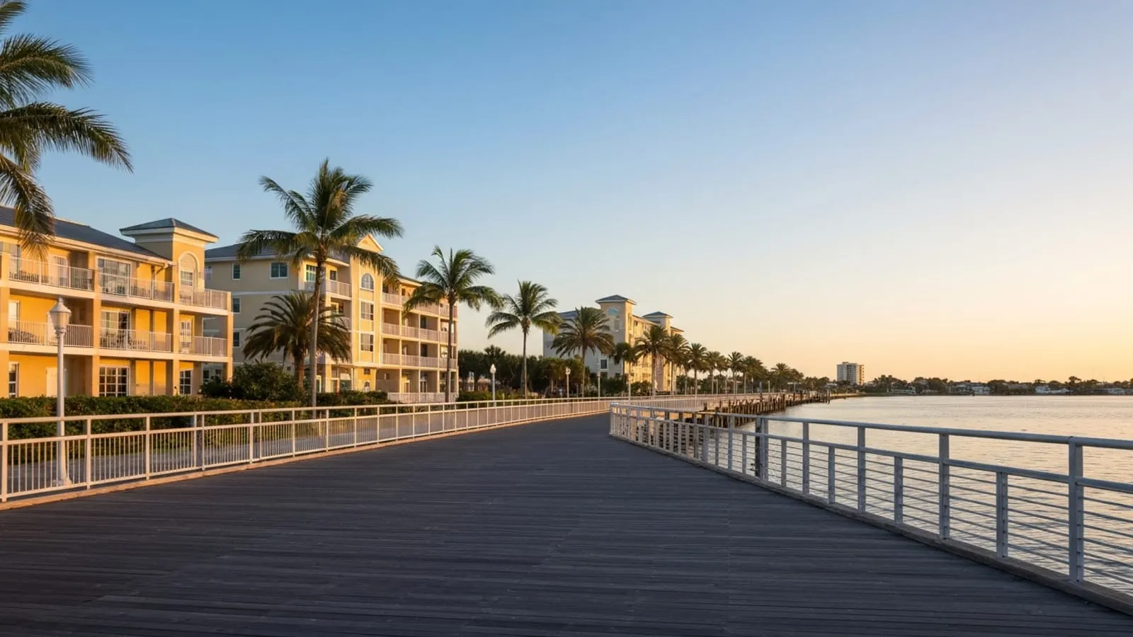 Editorial photograph of the Port St. Lucie Riverwalk Boardwalk at golden hour along the North Fork of the St. Lucie River with palm trees.