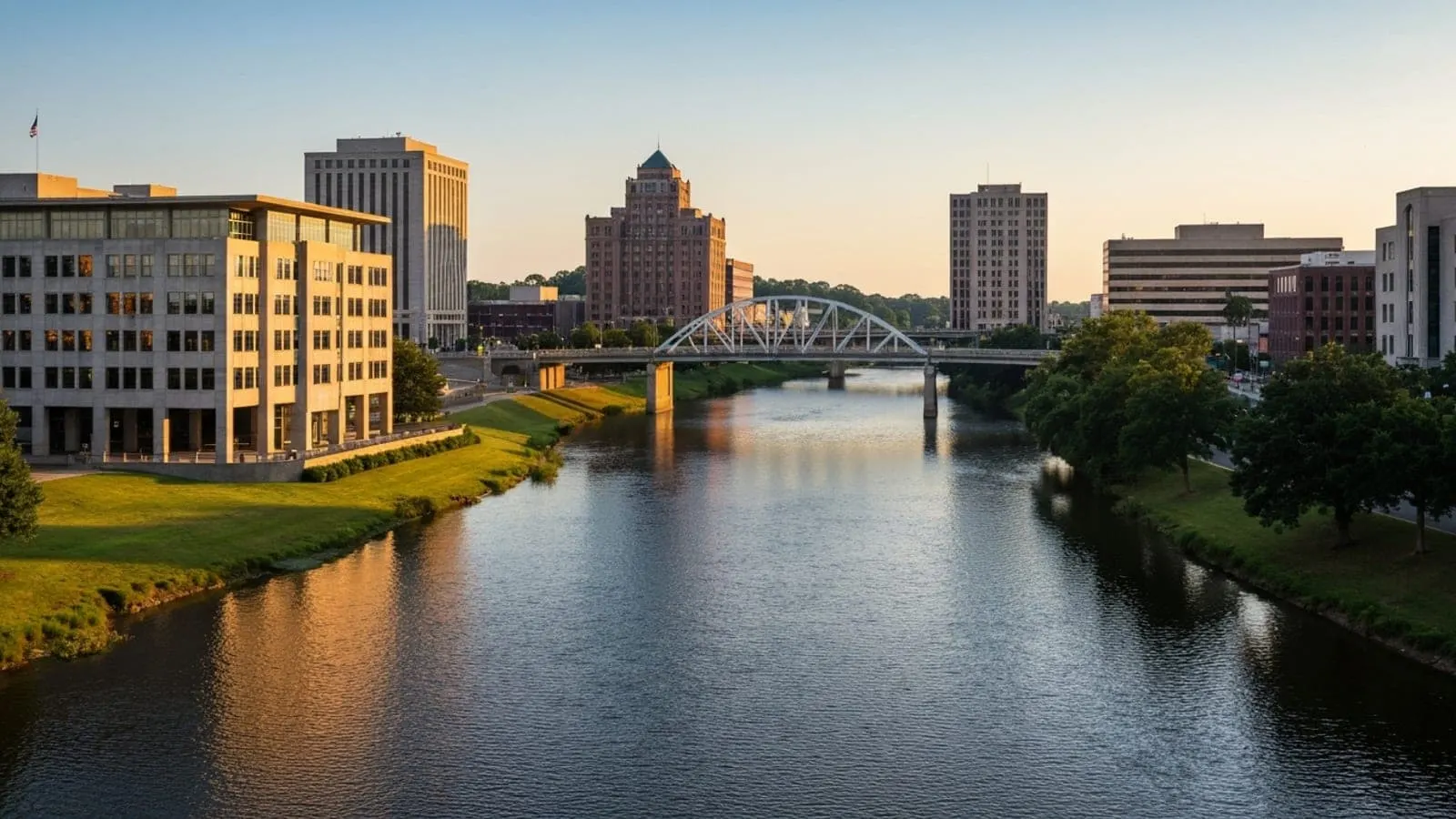 Editorial photograph of the Flint River winding through downtown Albany Georgia at golden hour with modern civic buildings on the east bank.