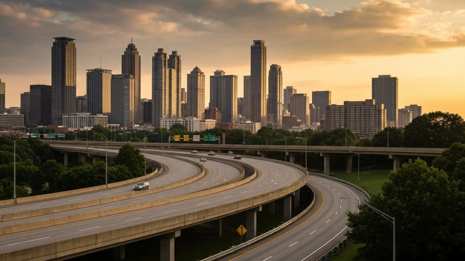 Editorial photograph of the downtown Atlanta skyline at golden hour with the I-75/I-85 connector curving through the mid-ground.