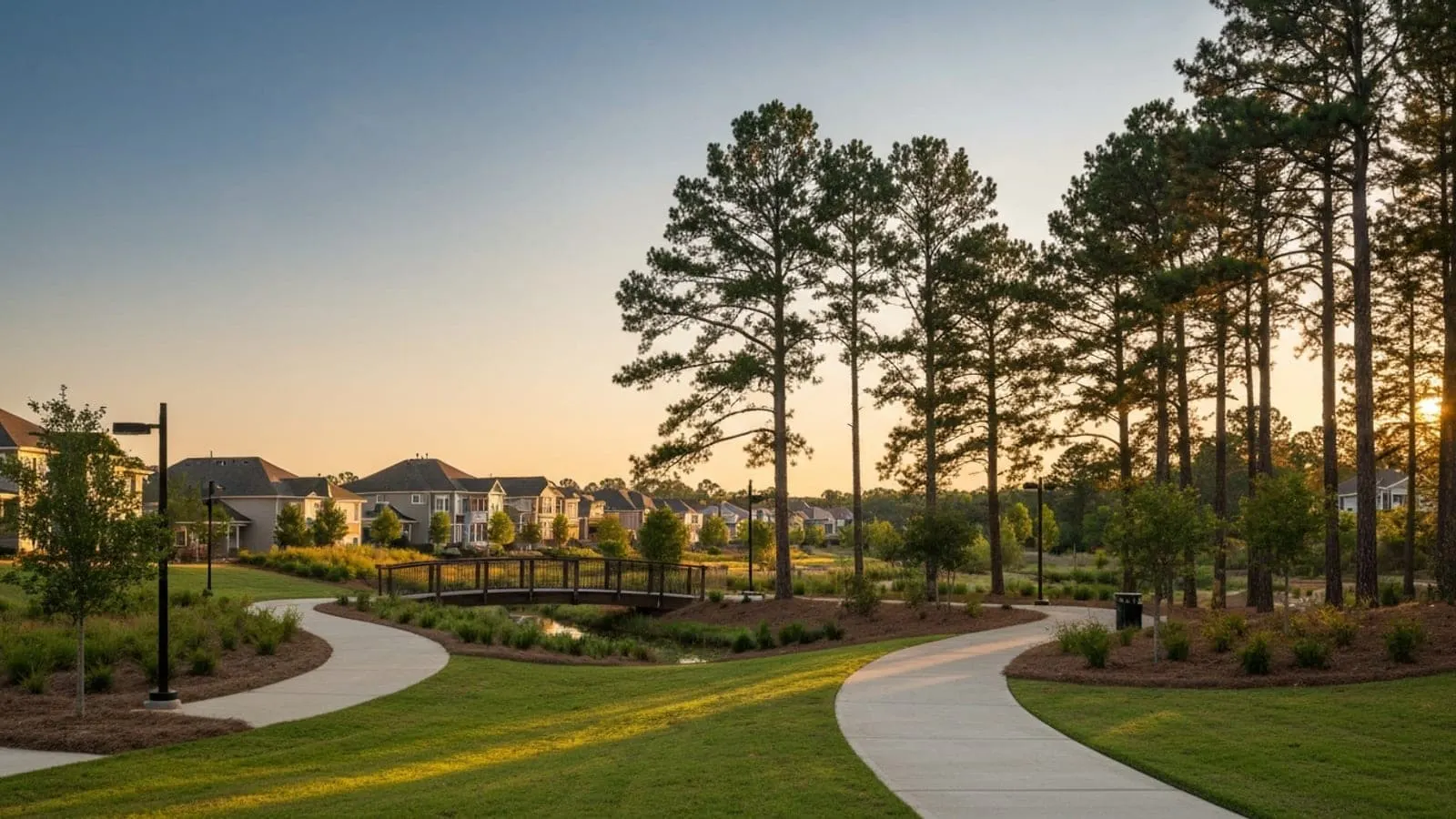Editorial photograph of Newtown Park in Johns Creek Georgia at golden hour with manicured greenway paths and modern suburban subdivision rooflines visible through mature Georgia pine trees.