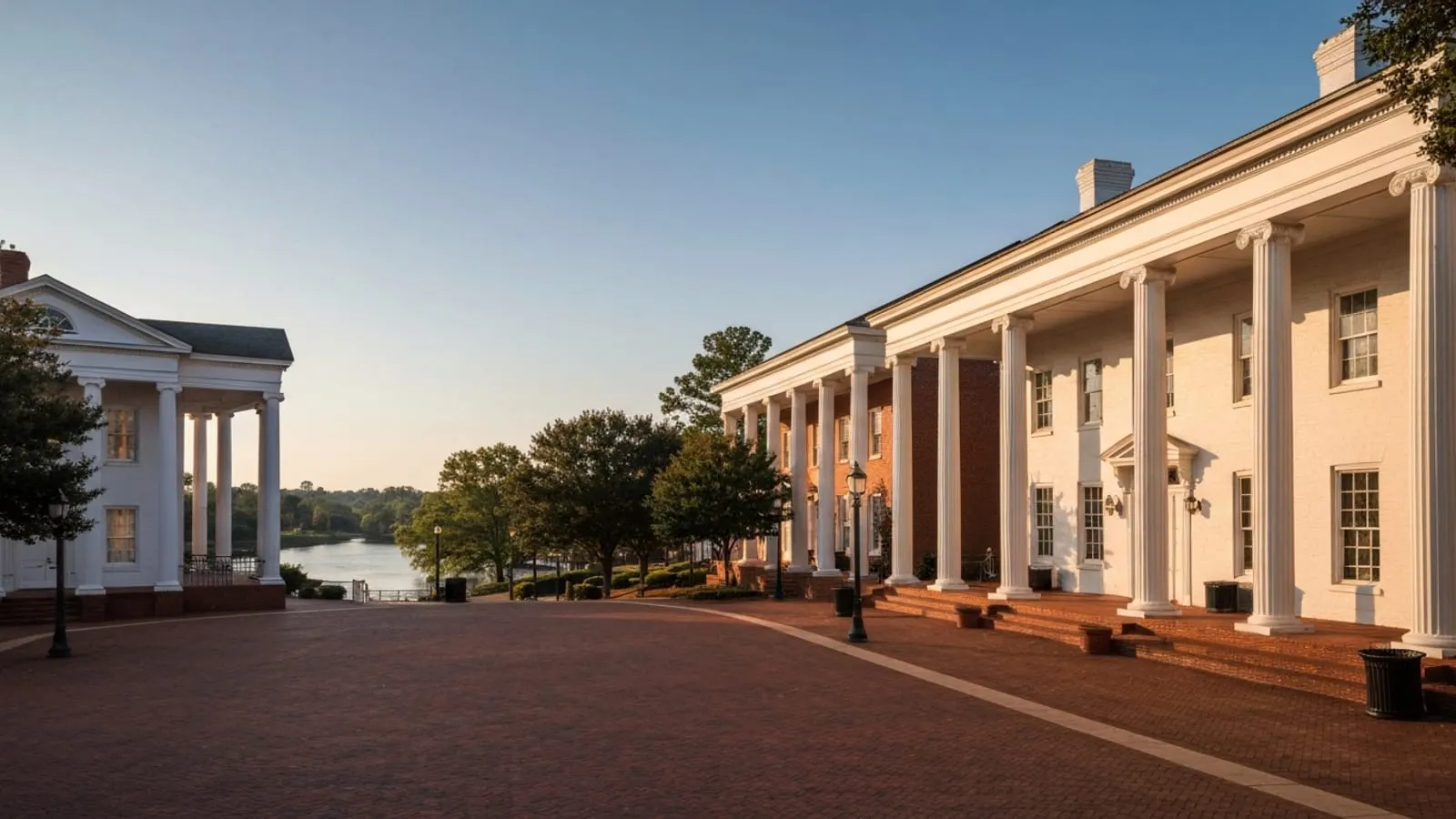 Editorial photograph of the historic Roswell Georgia town square at golden hour with white-columned brick civic buildings and mature shade trees.