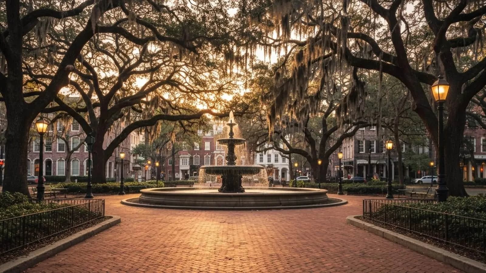 Editorial photograph of Forsyth Park in Savannah Georgia at golden hour with the iconic central fountain and ancient live oak trees draped in Spanish moss.