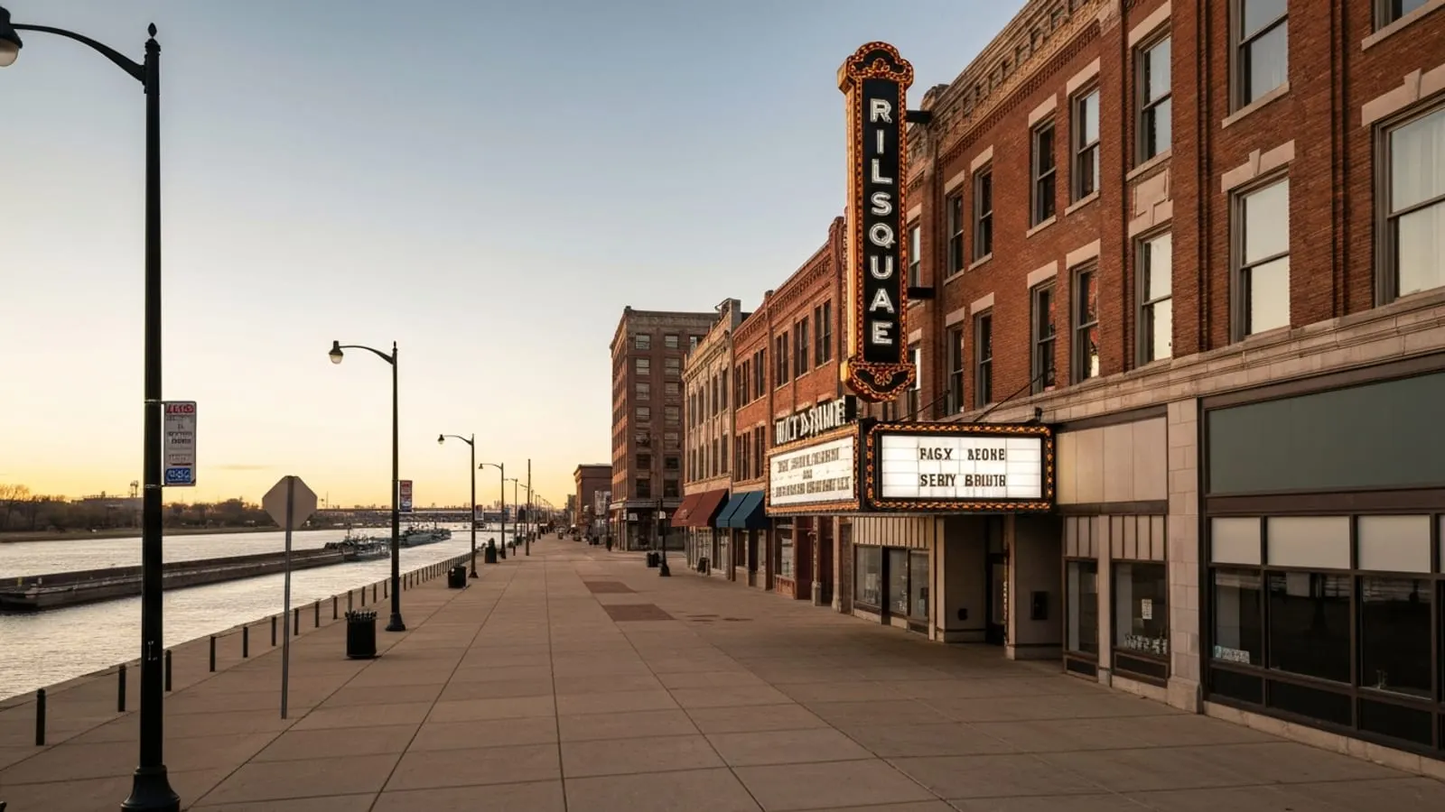 Editorial photograph of the historic Rialto Square Theatre marquee district in downtown Joliet Illinois at golden hour with brick and limestone early-20th-century commercial buildings.