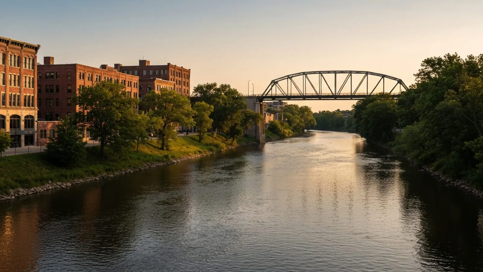 Editorial photograph of the Rock River winding through downtown Rockford Illinois at golden hour with historic riverfront brick buildings on the west bank and a steel truss bridge crossing the river.