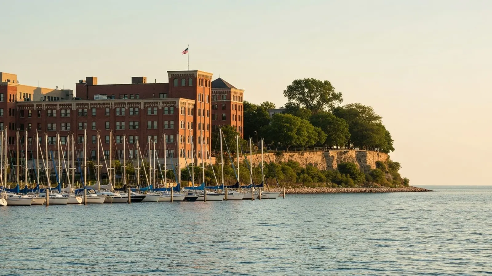Editorial photograph of the Waukegan Harbor on Lake Michigan in Waukegan Illinois at golden hour with sailboat masts in the marina foreground and bluff-side downtown Waukegan brick buildings.