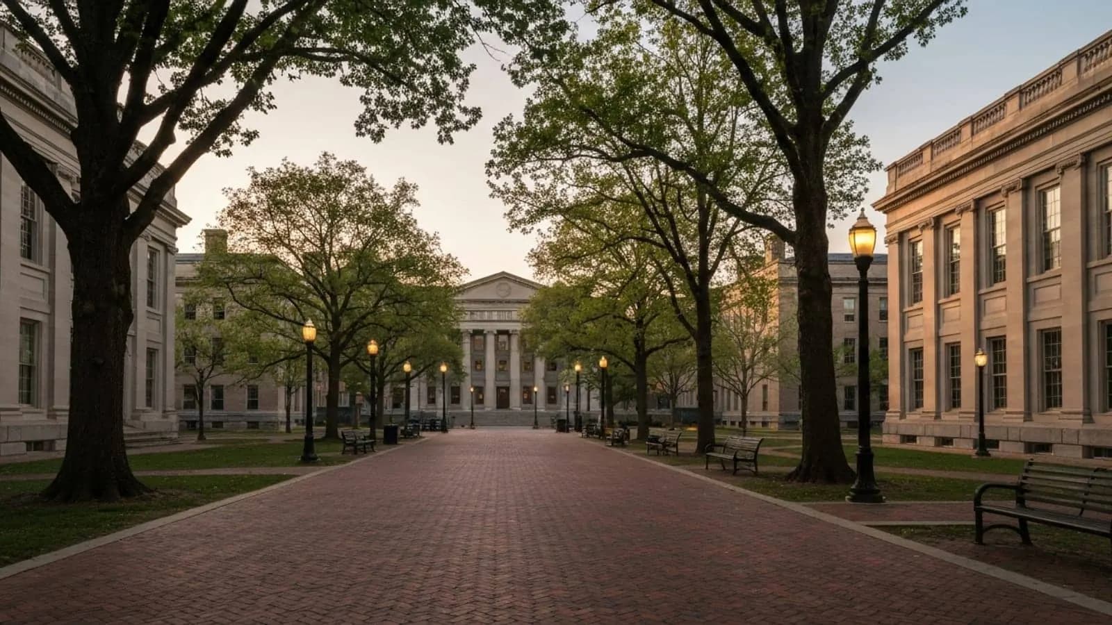 Editorial photograph of a historic university campus quadrangle in Ann Arbor Michigan at golden hour with stately neo-classical academic buildings and mature oak trees lining brick walkways.