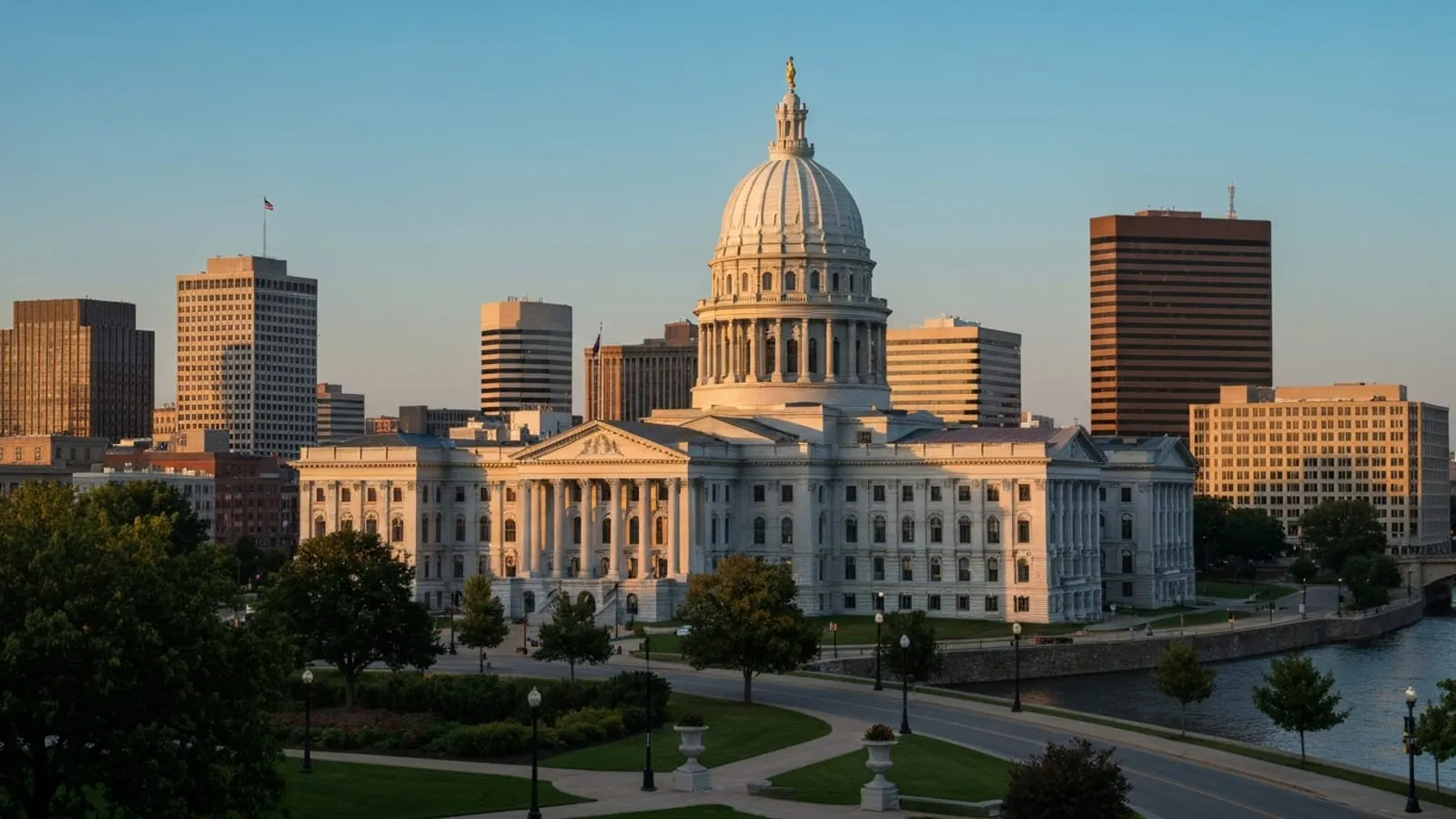 Editorial photograph of the Michigan State Capitol building dome in Lansing at golden hour with surrounding mid-rise downtown buildings and mature trees.
