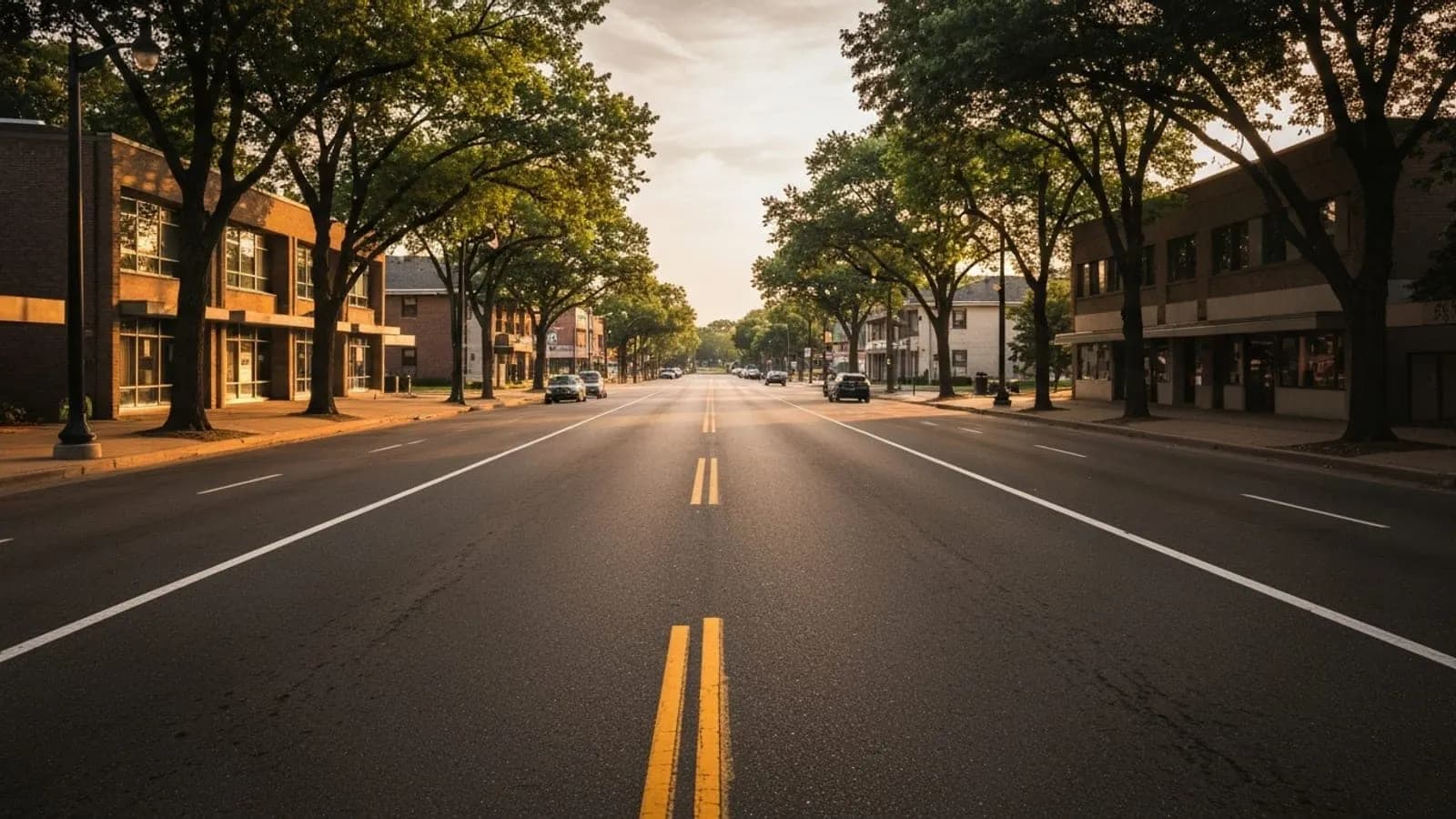 Editorial photograph of a wide tree-lined suburban Wayne County Michigan parkway in Livonia at golden hour with mid-century commercial low-rise buildings and mature shade trees.
