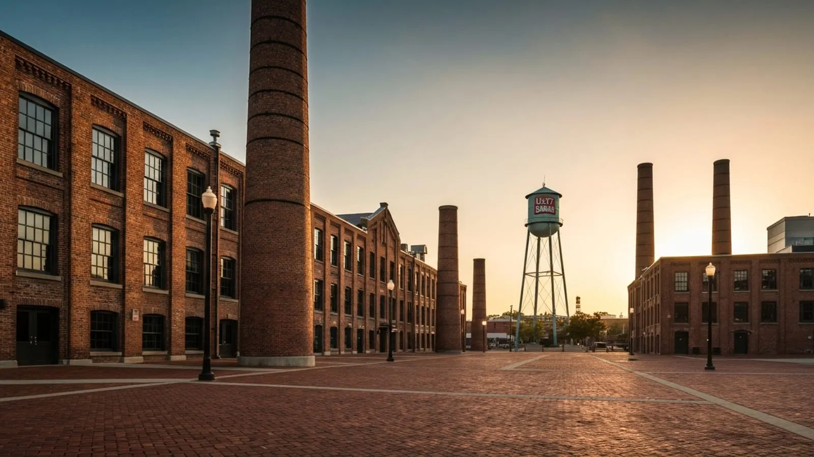 Editorial photograph of the historic American Tobacco Campus brick warehouse district in downtown Durham at golden hour with the iconic Lucky Strike water tower.