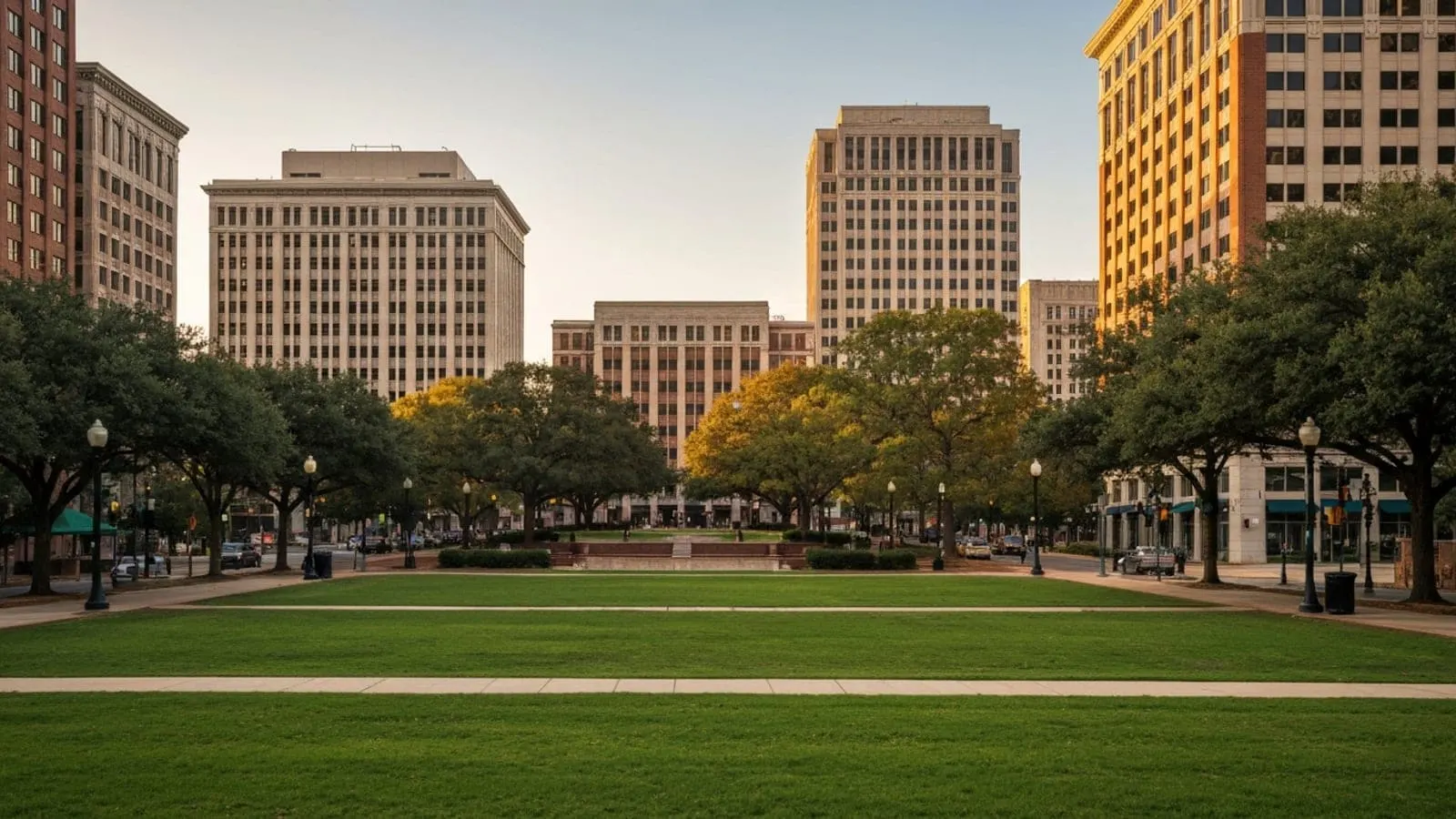Editorial photograph of downtown Greensboro North Carolina at golden hour with the LeBauer Park urban green space and surrounding mid-rise buildings.