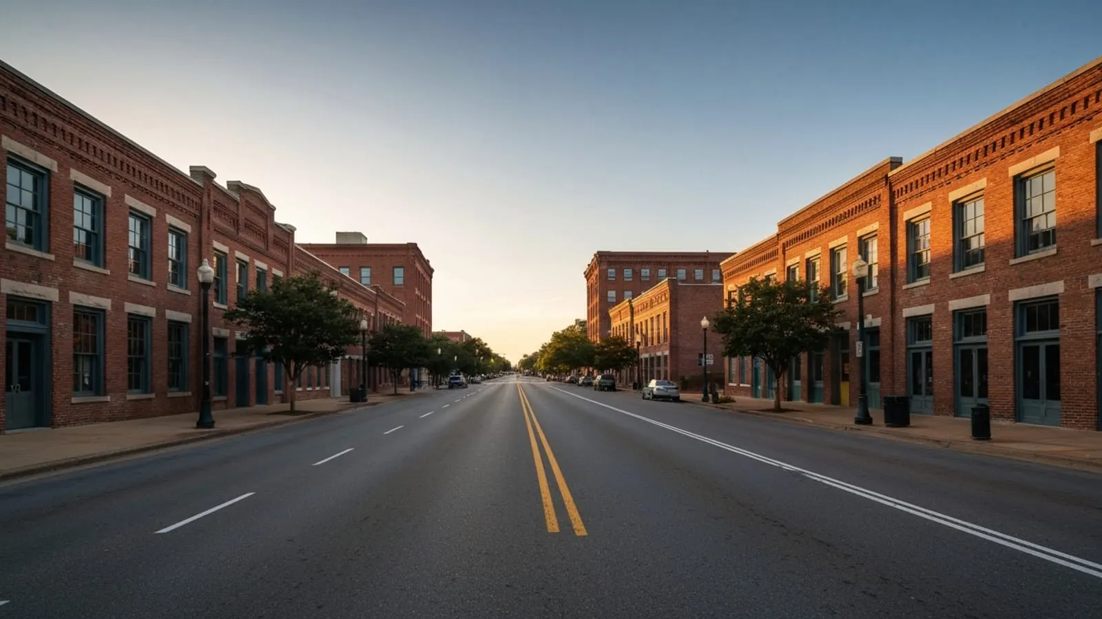 Editorial photograph of downtown High Point North Carolina at golden hour with restored early-20th-century brick furniture-district warehouses lining a wide avenue.