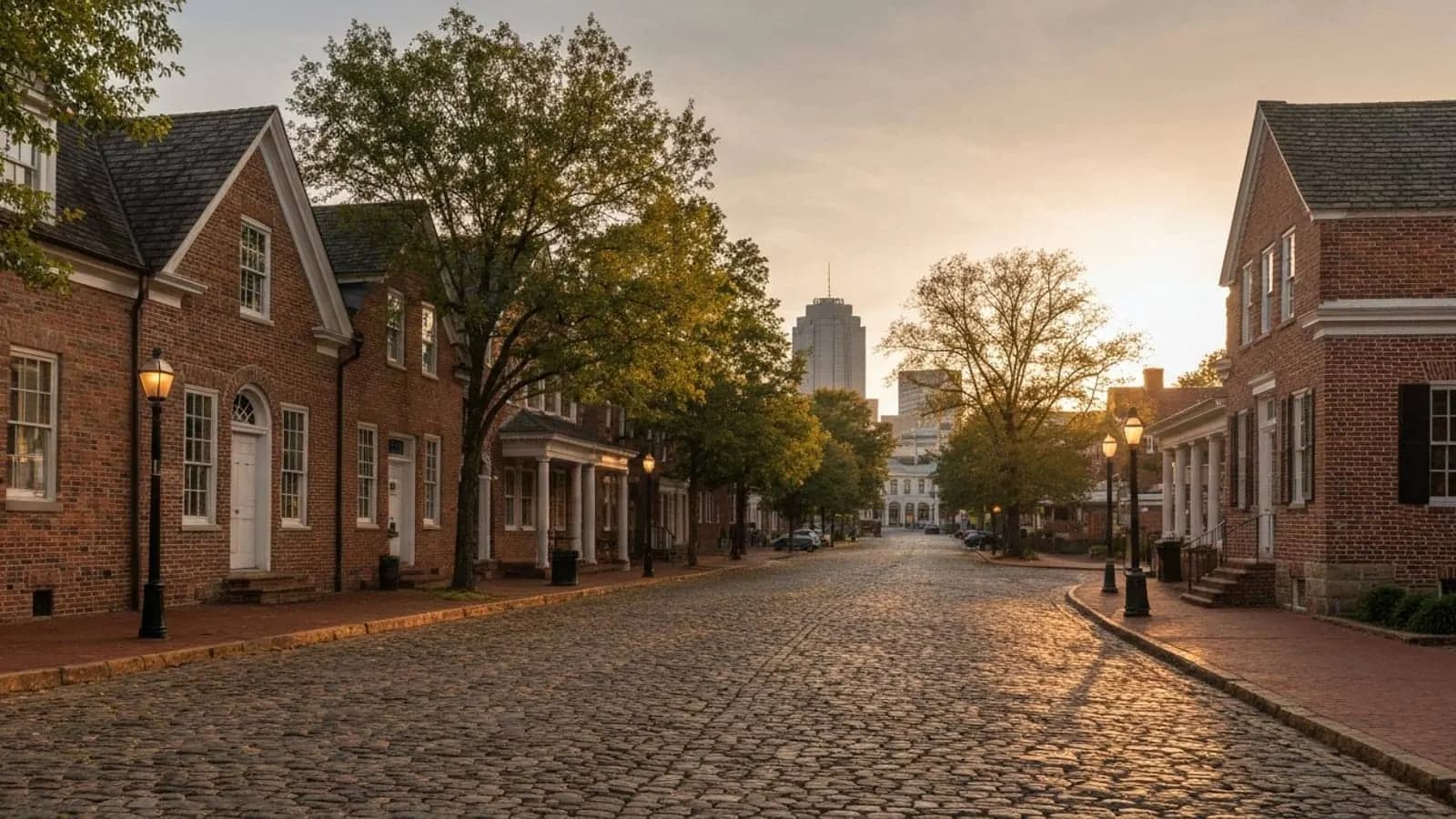 Editorial photograph of the historic Old Salem district in Winston-Salem at golden hour with restored 18th-century Moravian brick buildings on a cobblestone street.