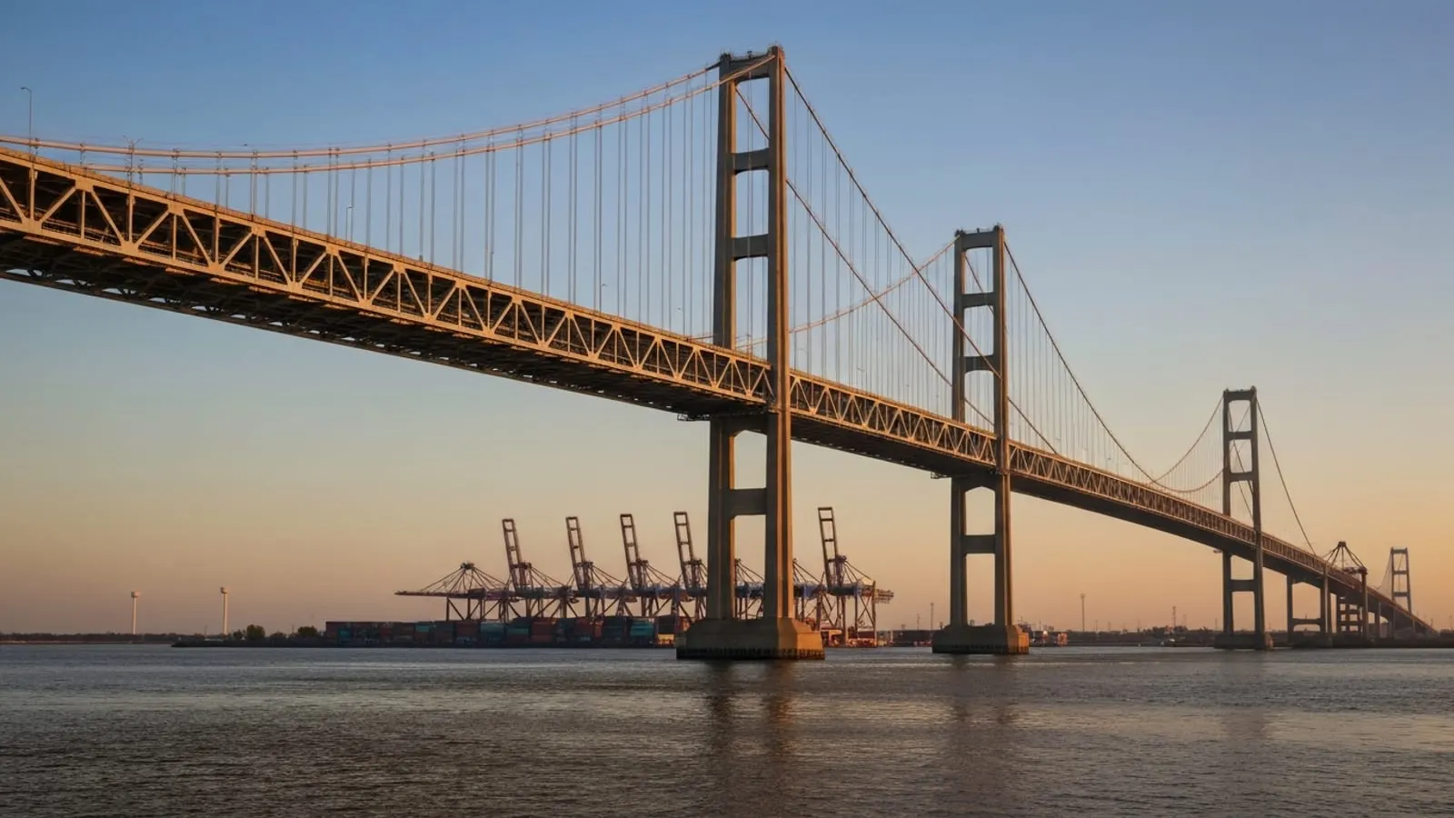 Editorial photograph of the Goethals Bridge cantilever span over the Arthur Kill at golden hour as seen from the Elizabeth New Jersey side with container cranes of Elizabeth Seaport visible in the middle distance.