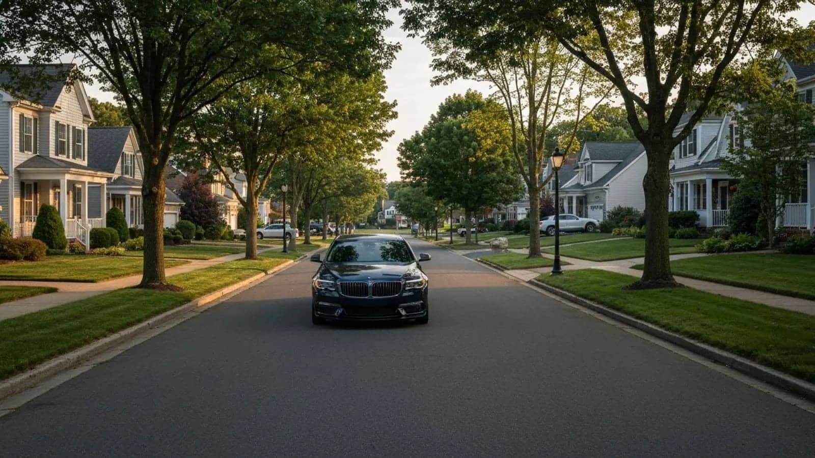 Editorial photograph of a tree-lined suburban Mercer County New Jersey neighborhood street in Hamilton Township at golden hour with colonial-style single-family homes.