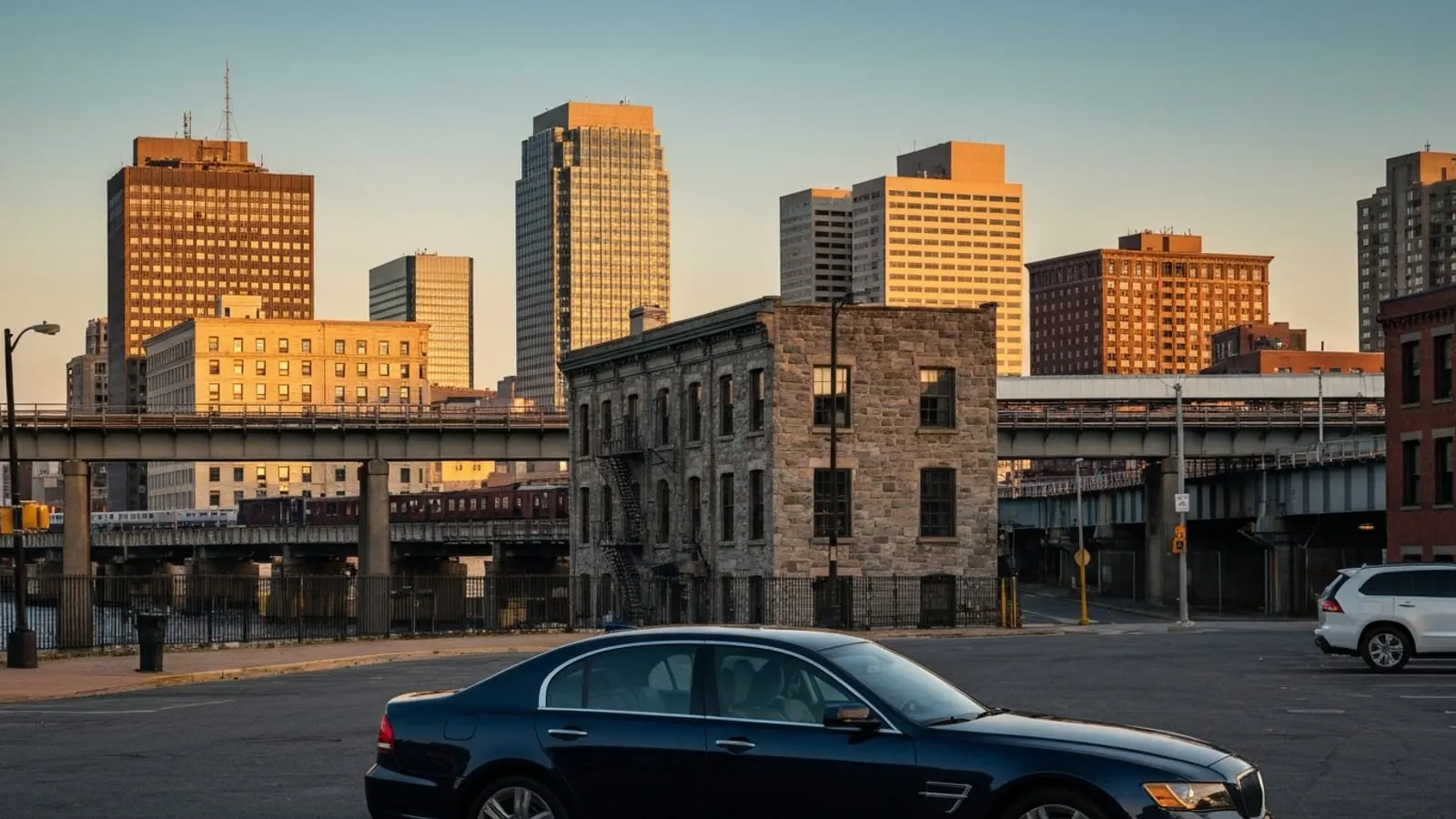 Editorial photograph of downtown Newark New Jersey at golden hour with the historic brick architecture of the Ironbound district in the foreground and the mid-rise downtown skyline behind.