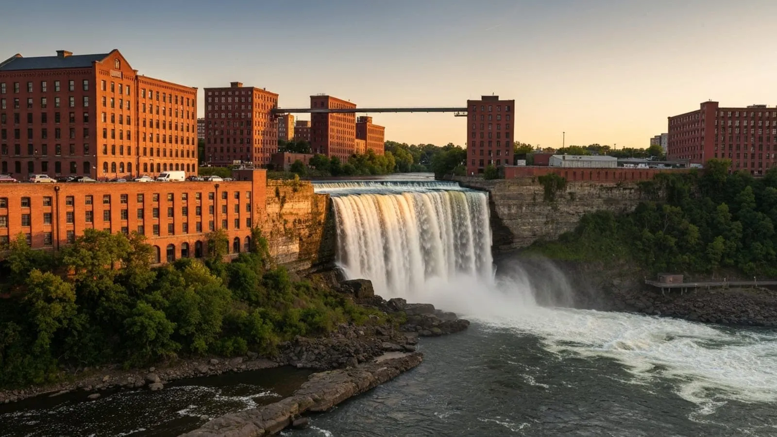 Editorial photograph of the Great Falls of the Passaic River in Paterson New Jersey at golden hour with the dramatic 77-foot waterfall and surrounding historic red-brick mill buildings of the Great Falls National Historical Park.
