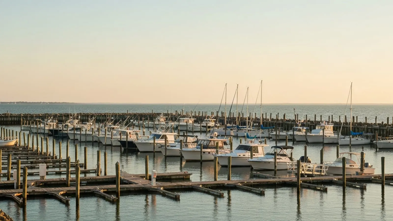 Editorial photograph of a marina along the Toms River New Jersey waterfront at golden hour with rows of moored fishing boats and small sailboats and weathered wooden docks.