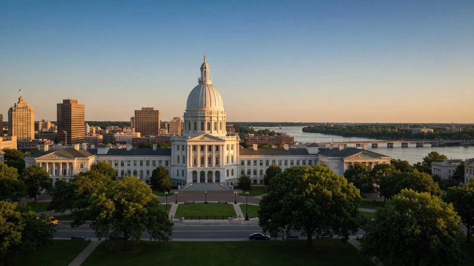 Editorial photograph of the New Jersey State House dome in Trenton at golden hour with the Delaware River winding through the background and surrounding mid-rise government district buildings.