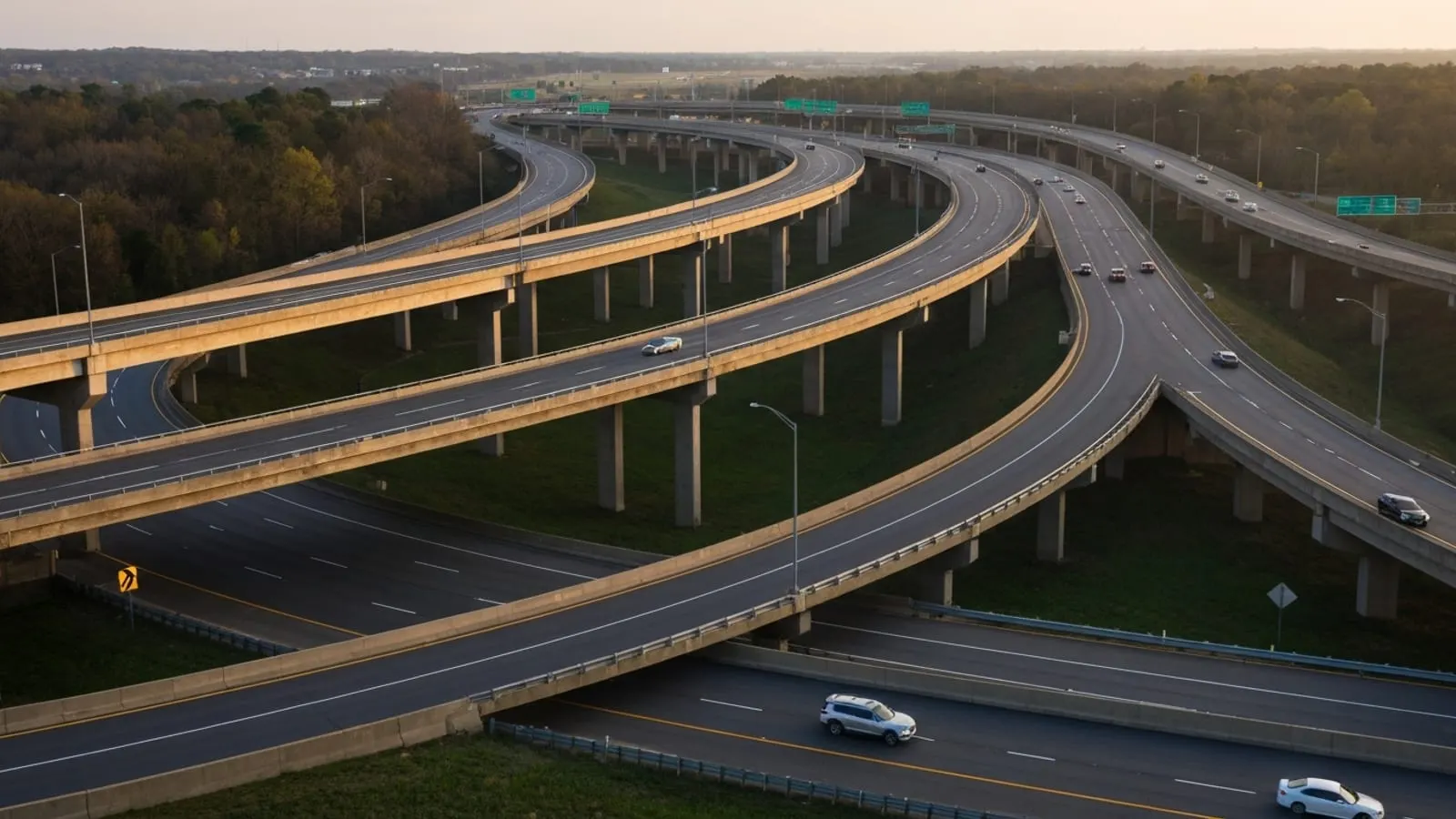 Editorial photograph of the cloverleaf interchange where the Garden State Parkway meets the New Jersey Turnpike near Woodbridge New Jersey at golden hour with multi-level overpasses and curving on-ramps.