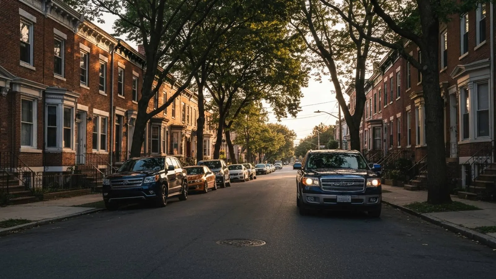 Editorial photograph of a residential street in Mount Vernon at golden hour with century-old brick row houses lining both sides.