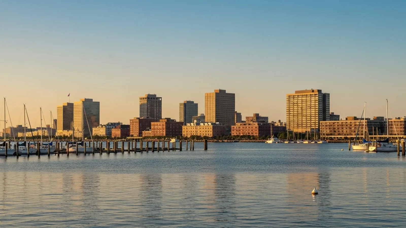Editorial photograph of the Long Island Sound shoreline at New Rochelle at golden hour with sailboats moored in the harbor and downtown buildings visible behind.