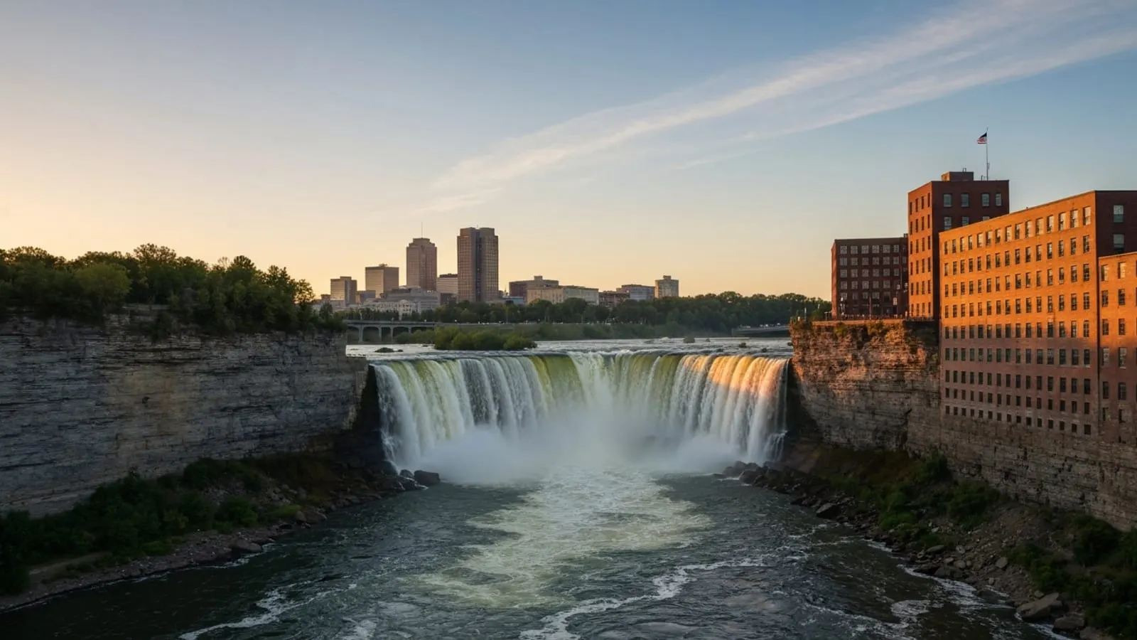 Editorial photograph of the Genesee River High Falls in downtown Rochester at golden hour with the downtown skyline visible behind.