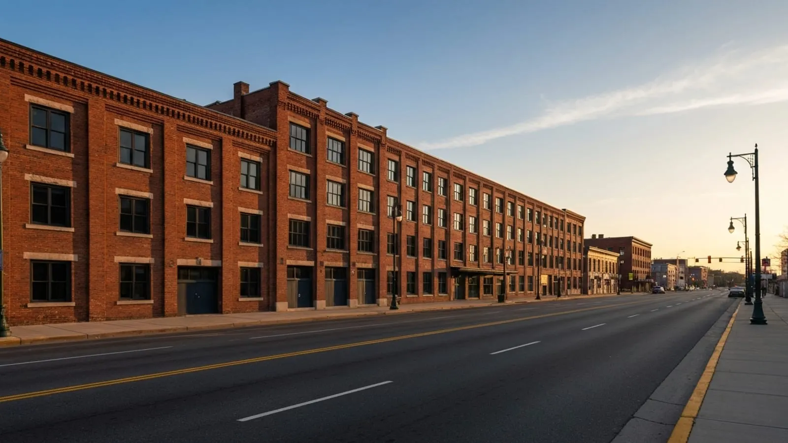 Editorial photograph of the historic Bagg's Square brewery district in downtown Utica at golden hour.