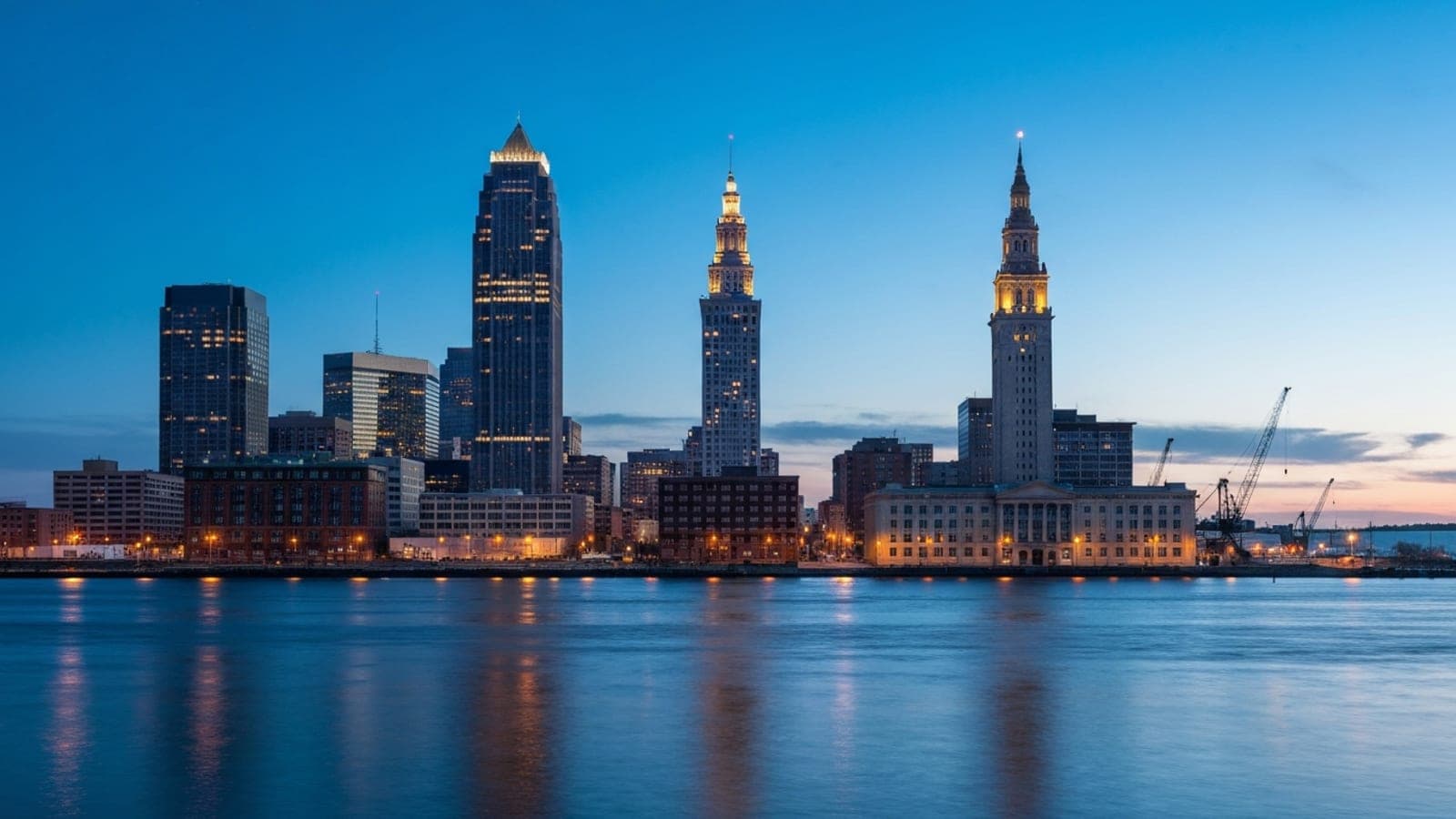 Editorial photograph of the Cleveland, Ohio skyline at dusk with the Cuyahoga River and Lake Erie visible in the background, evoking the industrial-port geography of northeast Ohio.