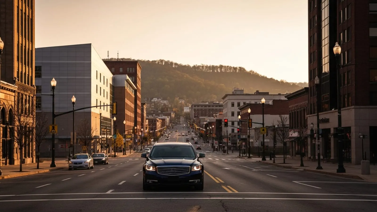 Editorial photograph of downtown Allentown at golden hour with the PPL Center arena visible along Hamilton Street and the Lehigh Valley foothills beyond.