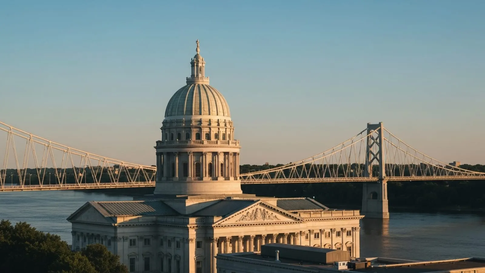 Editorial photograph of the Pennsylvania State Capitol dome at golden hour with the Susquehanna River and the M. Harvey Taylor Bridge visible in the mid-ground.